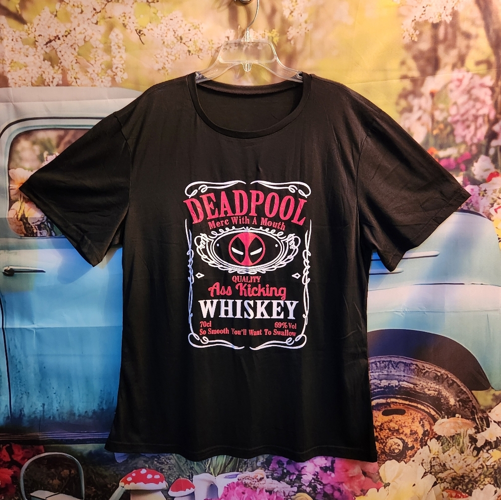 Deadpool Ass Kicking Whiskey T-Shirt P/P 22" Center Length 31"  NWOT